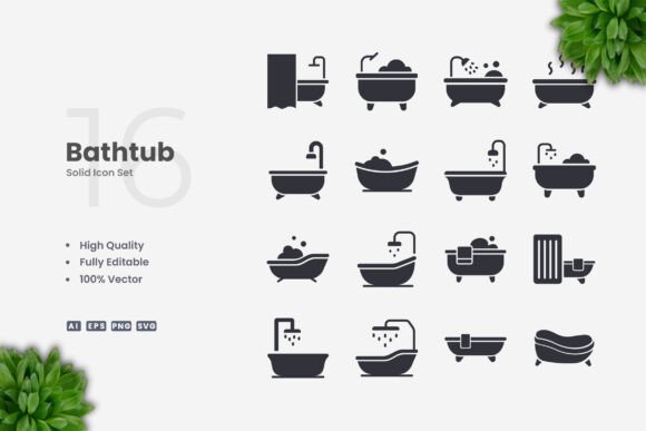 Bathtub Solid Icons for Modern Graphic Design