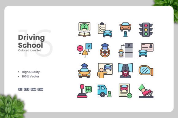 Driving School Colored Icons: A Versatile Graphic Asset for Branding