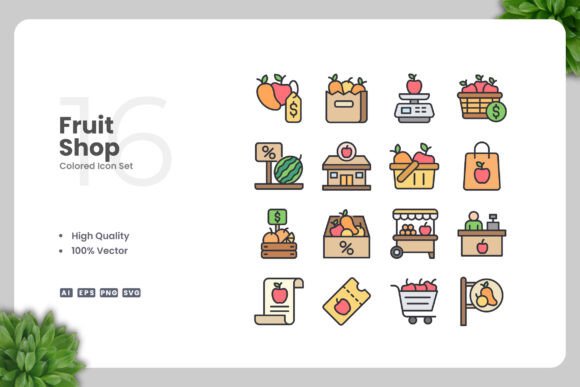 Fruit Shop Colored Icons for Local Business Graphics