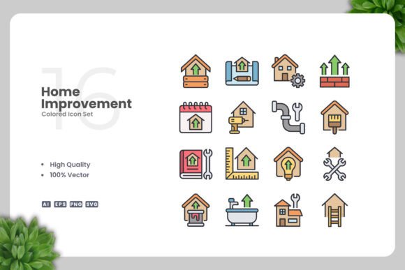 Home Improvement Colored Icons: A Graphic Design Asset for Content Creators