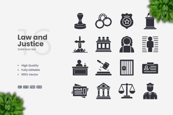 Law and Justice Solid Icons for Commercial Graphics