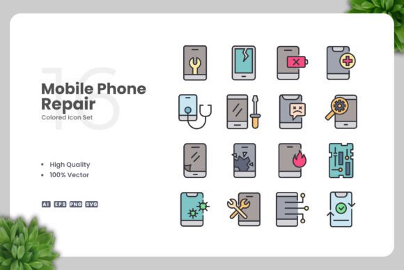 Mobile Phone Repair Colored Icons for Web and Print