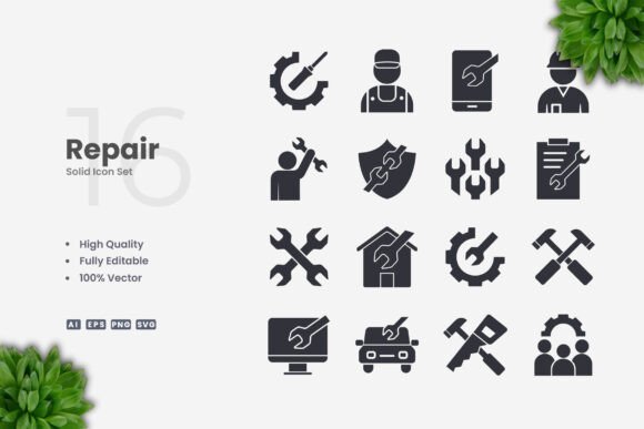 Repair Solid Icons: A Graphic Design Asset for Local Branding